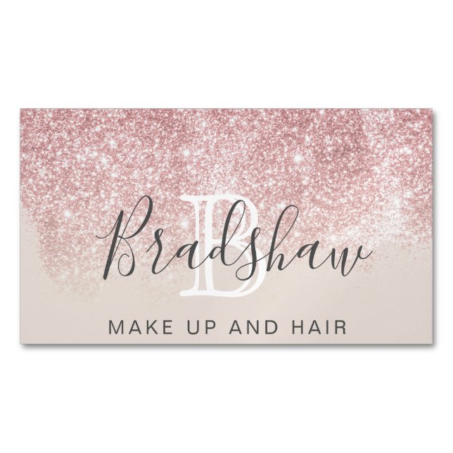 Trendy Rose Gold Glitter Makeup Artist Hair Salon  Magnetic Business Card (Front)