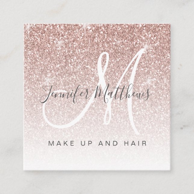 Trendy Rose Gold Glitter Makeup Artist Hair Salon Square Business Card (Front)
