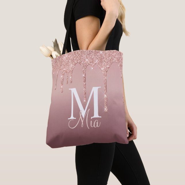 Trendy Rose Gold Glitter Monogram Personalised Tot Tote Bag (Close Up)