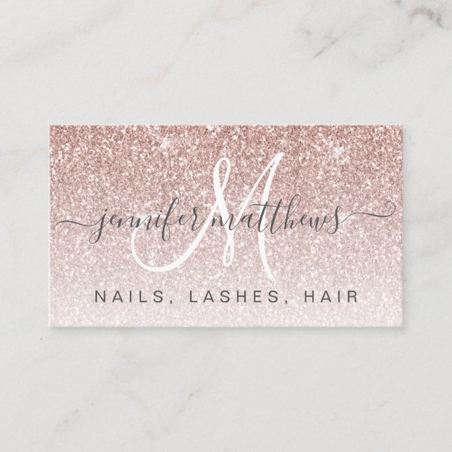 Trendy Rose Gold Glitter Nails Lashes Hair Business Card (Front)