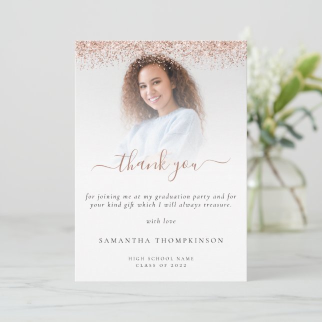 Trendy Rose Gold Glitter Photo Graduation Thank You Card (Standing Front)