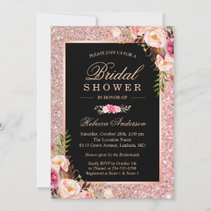 Trendy Rose Gold Glitter Pink Floral Bridal Shower Invitation