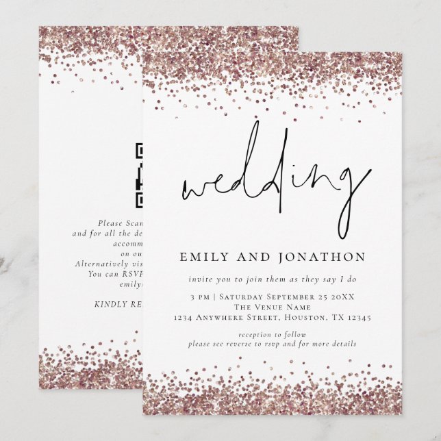 Trendy Rose Gold Glitter QR Code Wedding Invitation (Front/Back)