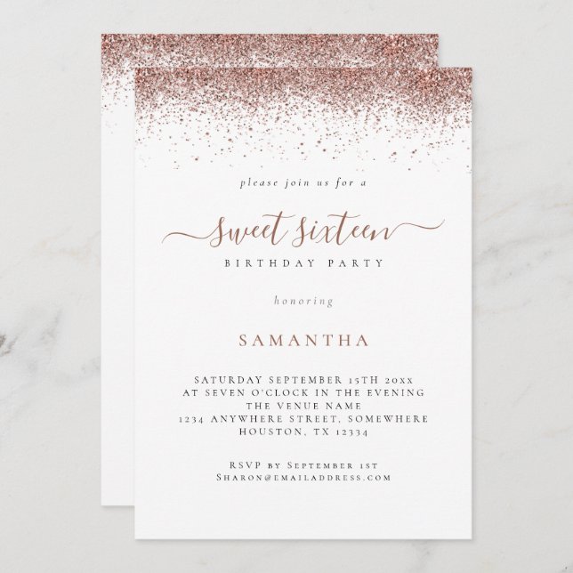 Trendy Rose Gold Glitter Script Sweet 16 Invitation (Front/Back)