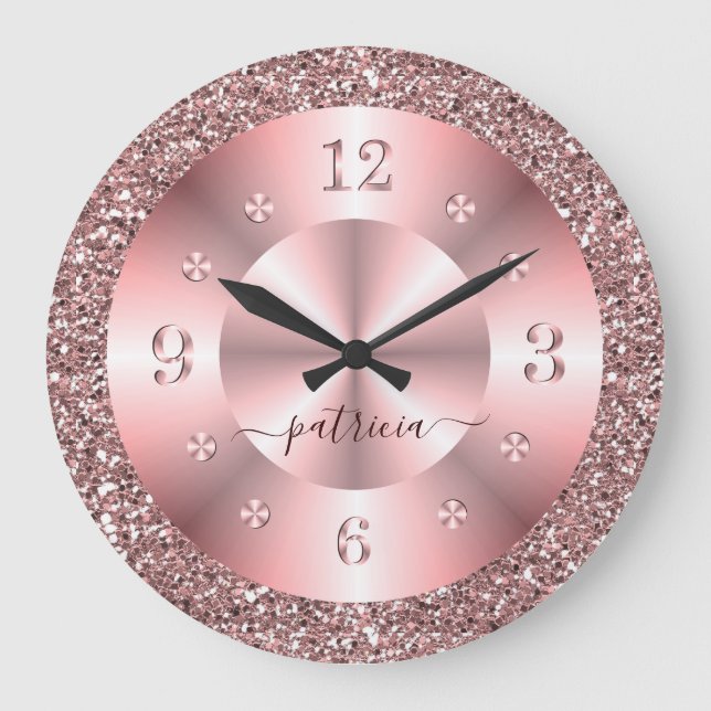 Trendy Rose Gold Glitter Sparkle Personalized Name Large Clock (Front)