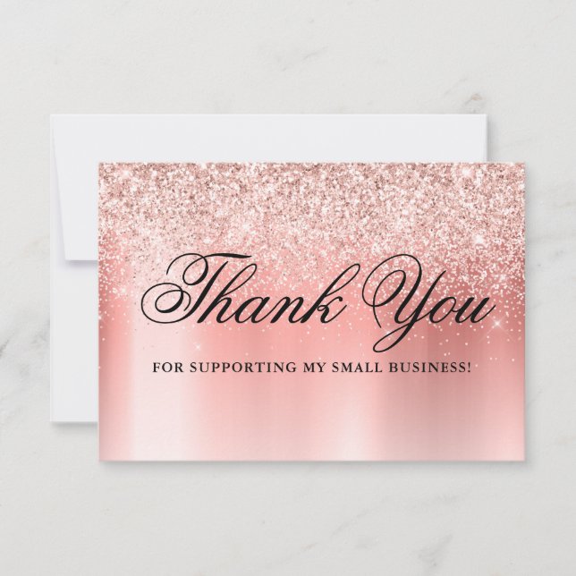 Trendy Rose Gold Glitter Sparkles Promo Code Thank You Card (Front)