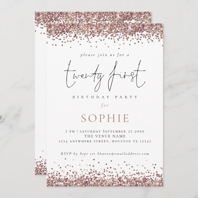 Trendy Rose Gold Glitter Twenty First Party Invitation (Front/Back)