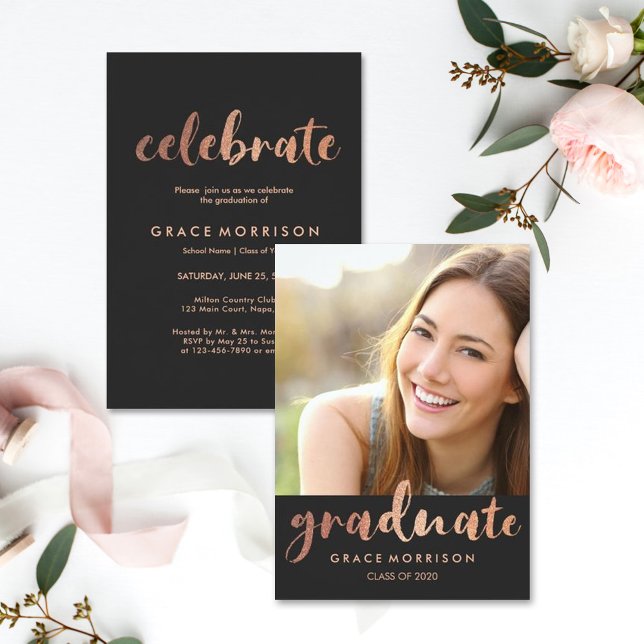 Trendy Rose Gold Graduation Party Photo Invitation (Creator Uploaded)
