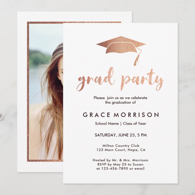 Trendy Rose Gold Graduation Party Photo Invitation (Front/Back)