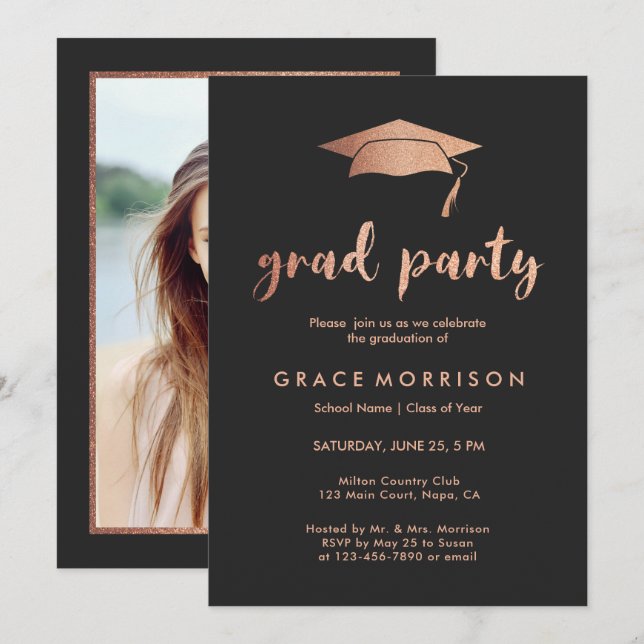 Trendy Rose Gold Graduation Party Photo Invitation (Front/Back)