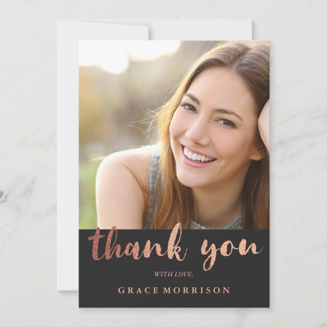 Trendy Rose Gold  Graduation Photo Thank You Card (Front)