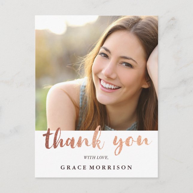 Trendy Rose Gold  Graduation Photo Thank You Postcard (Front)