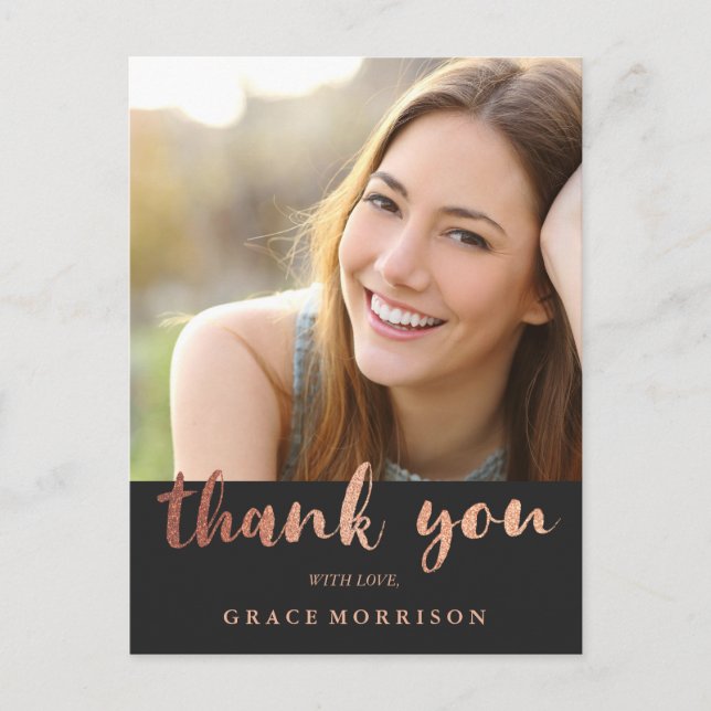 Trendy Rose Gold  Graduation Photo Thank You Postcard (Front)