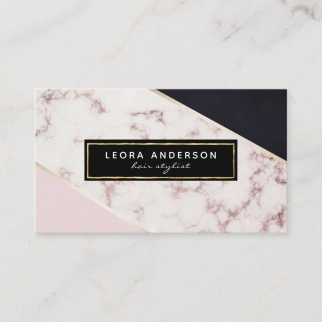 Trendy Rose Gold, Marble and Black Abstract Lines Business Card (Front)