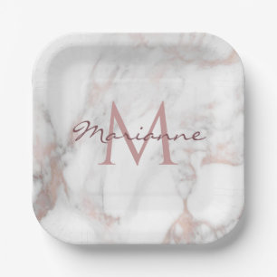 Trendy Rose Gold Marble Monogrammed Template Paper Plate