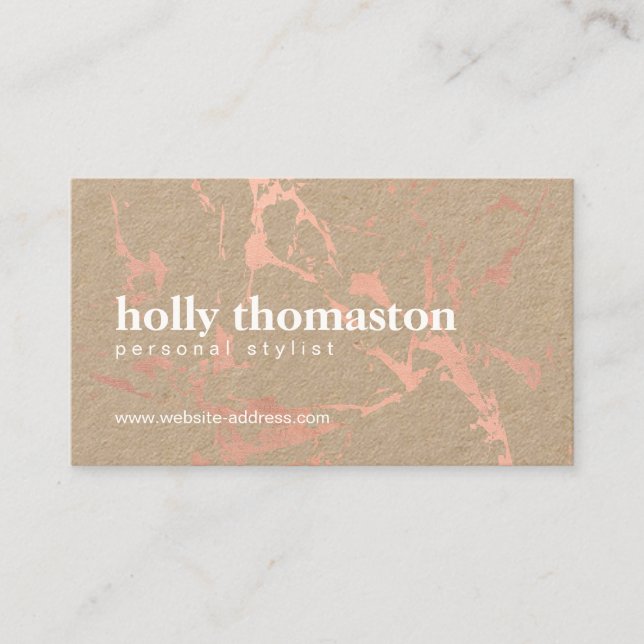 Trendy Rose Gold Marble Pattern on Kraft Business Card (Front)