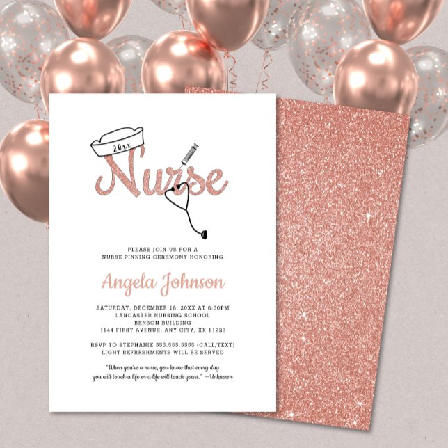 Trendy Rose Gold Nurse pinning ceremony / pink Invitation (Creator Uploaded)