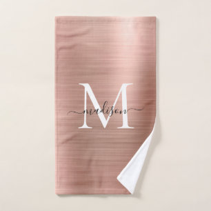 Trendy Rose Gold Pink Metallic Monogram Script Hand Towel