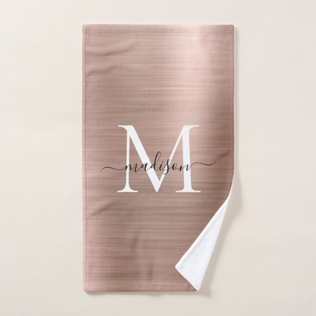 Trendy Rose Gold Pink Metallic Monogram Script Hand Towel (Hand Towel)