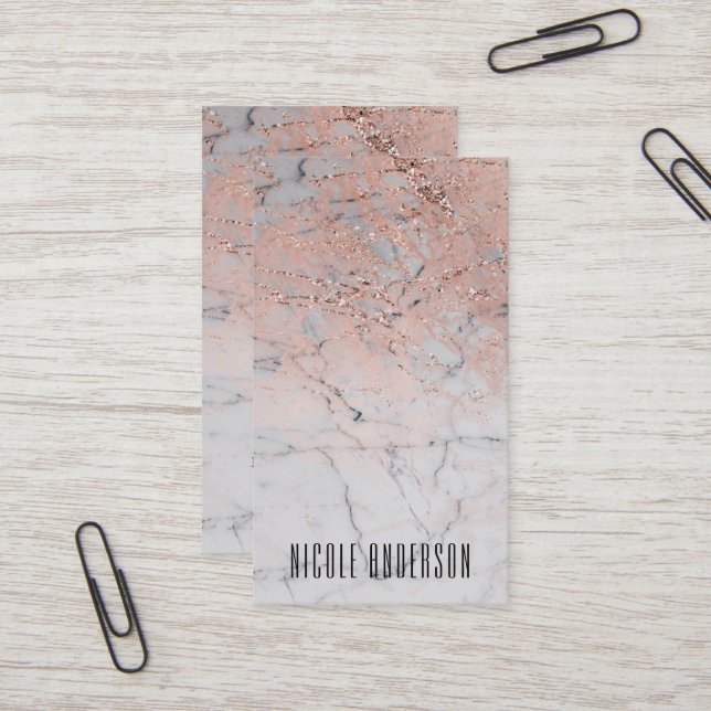 Trendy Rose Gold Pink Modern Marble Chic Glam Business Card (Front/Back In Situ)