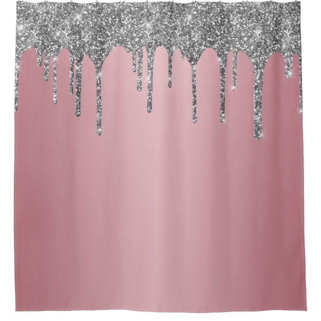 Trendy Rose Gold Pink Silver Glitter Drips Sparkle Shower Curtain (Front)