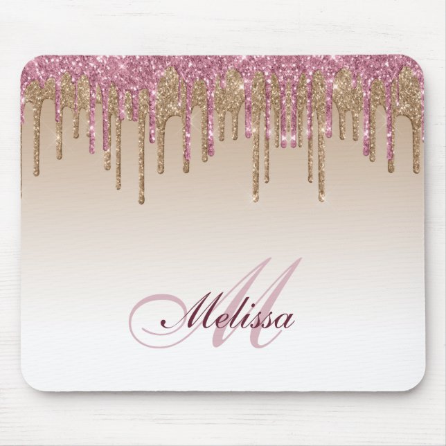 trendy rose gold purple glitter drips mouse mat (Front)