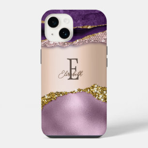 Trendy Rose Gold Purple Glitter Monogram iPhone 14 Case