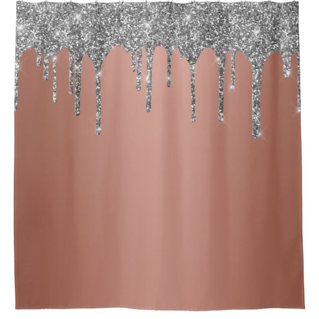 Trendy Rose Gold Silver Glitter Drips Sparkle Shower Curtain (Front)