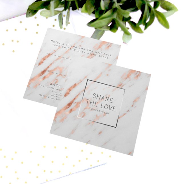 Trendy Rose Gold Silver Marble Referral Client Square Business Card (Creator Uploaded)