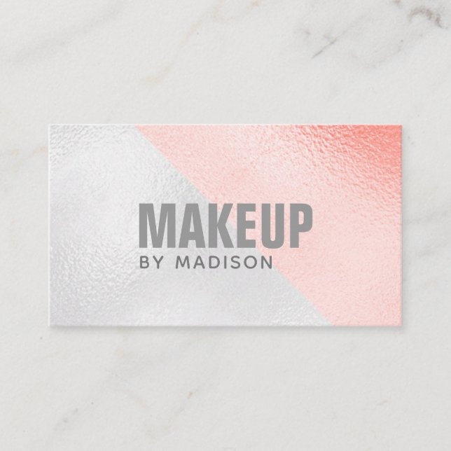 Trendy Rose Gold Silver Modern Chic Makeup Artist Business Card (Front)