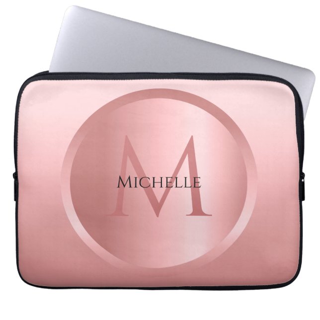 Trendy Rose Gold Template Elegant Monogrammed Laptop Sleeve (Front)