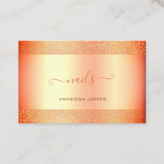 Trendy Rose Gold with Golden Glitter Border Nails Business Card (Front)