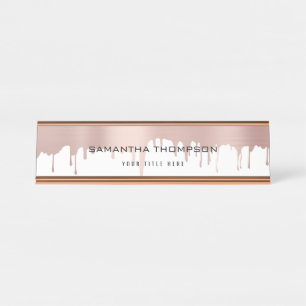 Trendy Rose Pink Gold Metallic Drips Desk Name Plate