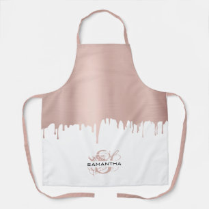 Trendy Rose Pink Gold Metallic Drips Monogram  Apron