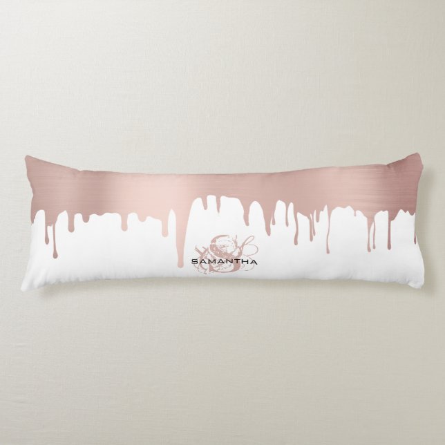 Trendy Rose Pink Gold Metallic Drips Monogram Body Cushion (Front)
