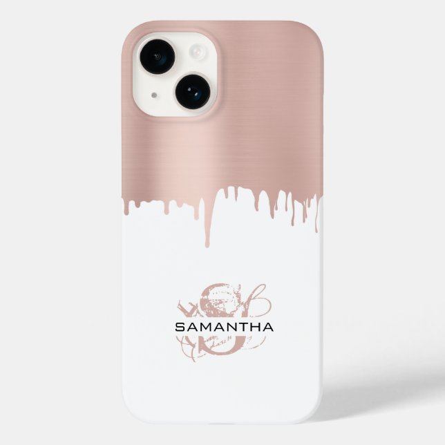 Trendy Rose Pink Gold Metallic Drips Monogram Case-Mate iPhone Case (Back)