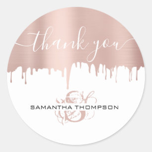 Trendy Rose Pink Gold Metallic Drips Monogram Classic Round Sticker