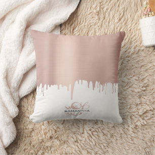 Trendy Rose Pink Gold Metallic Drips Monogram Cushion