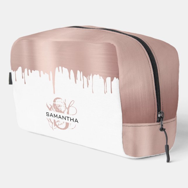 Trendy Rose Pink Gold Metallic Drips Monogram Dopp Kit (Right Corner)