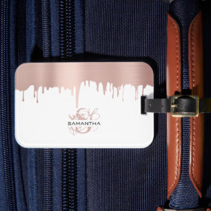 Trendy Rose Pink Gold Metallic Drips Monogram Luggage Tag