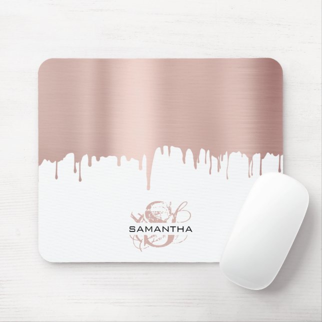 Trendy Rose Pink Gold Metallic Drips Monogram Mouse Mat (With Mouse)