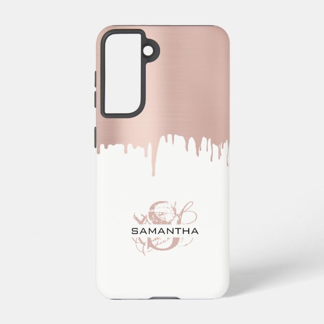 Trendy Rose Pink Gold Metallic Drips Monogram Samsung Galaxy S21 Case (Back)