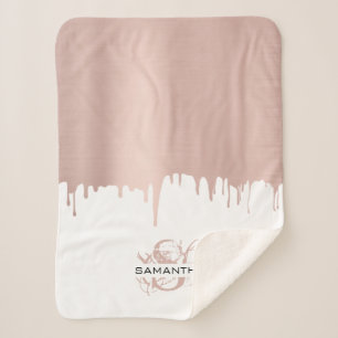 Trendy Rose Pink Gold Metallic Drips Monogram  Sherpa Blanket