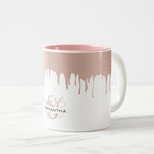 Trendy Rose Pink Gold Metallic Drips Monogram Two-Tone Coffee Mug (Front Right)