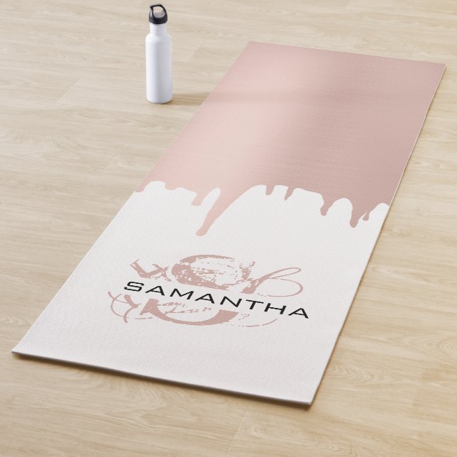 Trendy Rose Pink Gold Metallic Drips Monogram Yoga Mat (In Situ)