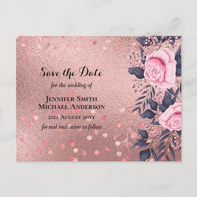 Trendy ROSEGOLD Wedding Metallic Pink Navy Glitter Postcard (Front)