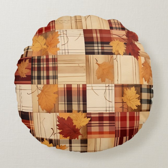 Trendy Rustic Autumn Floral Plaid with Quote  Round Cushion (Front)