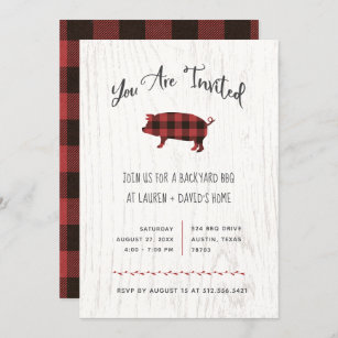Trendy Rustic BBQ or Party   Red Buffalo Plaid Invitation
