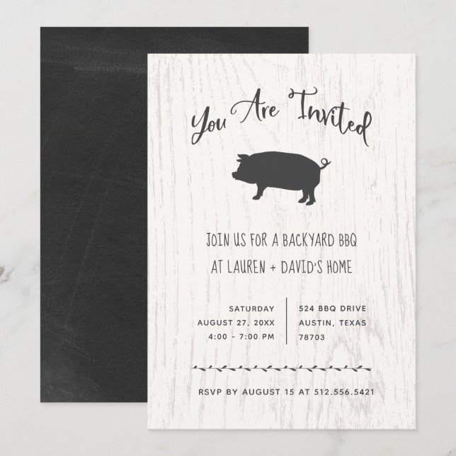 Trendy Rustic BBQ or Party | White Wood Invitation (Front/Back)