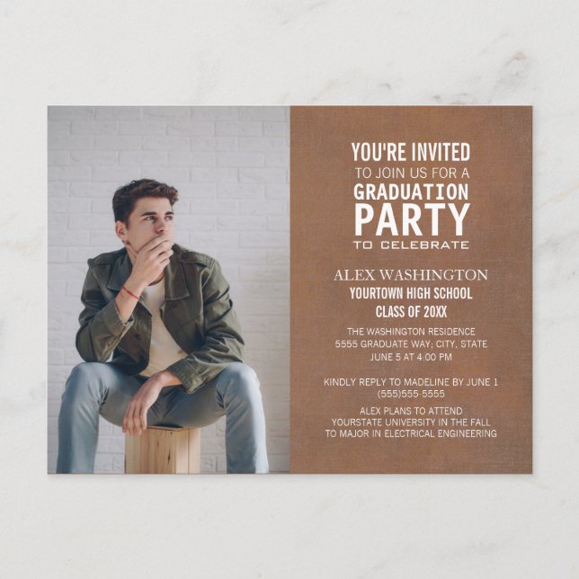 Trendy Rustic Brown Graduation Party Photo Postcard (Front)
